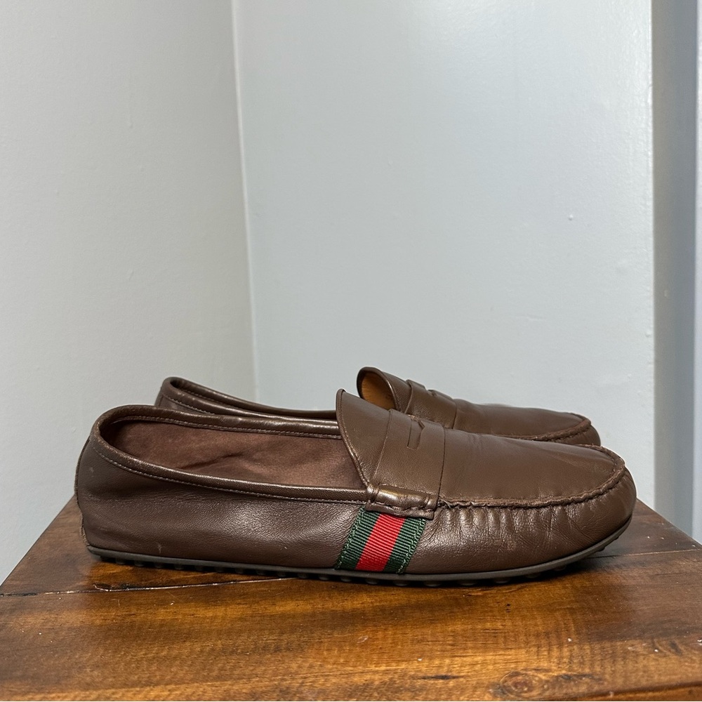 Gucci Brown Leather Penny Loafers with Red & Green Web
